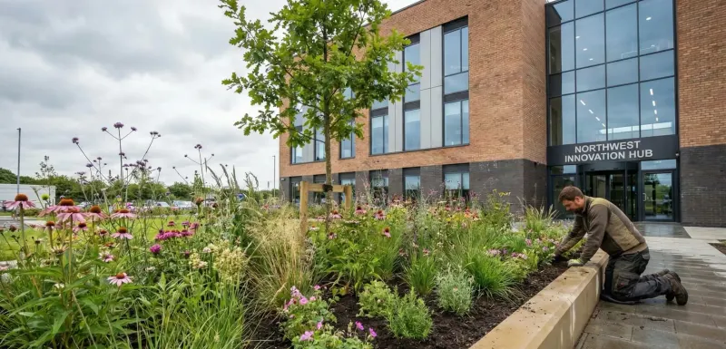 Commercial grounds maintenance in progress on a Cheshire business park